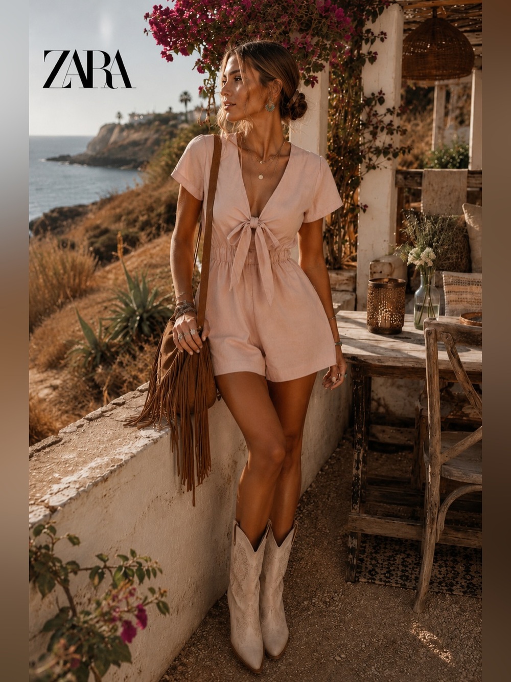Zara Blush Pink Tie Front Romper Women’s M European Summer Coastal Cowgirl G